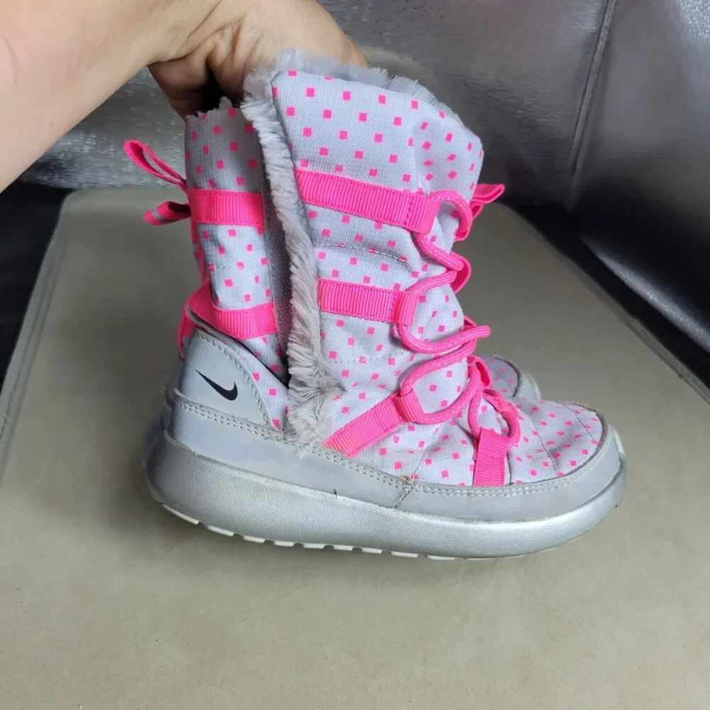 Nike Rosherun Hi Sneakerboot Girls 12 Silver Pink Comfy‎ Faux Leather Snow Boots